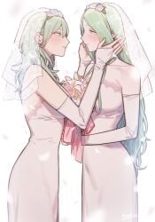 2girls bangs bare_shoulders blush bouquet breasts bridal_gauntlets bridal_veil bride byleth_(fire_emblem) byleth_(fire_emblem)_(female) closed_mouth commentary_request dress enlightened_byleth_(female) eye_contact female female_only fire_emblem fire_emblem:_three_houses flower flowers from_side green_eyes green_hair hair_between_eyes happy_tears higher_resolution_available highres holding holding_bouquet ikarin long_hair looking_at_another medium_breasts multiple_girls nintendo older_female parted_lips petals pointy_ears profile rhea_(fire_emblem) romantic signature simple_background strapless strapless_dress tears veil very_long_hair wedding wedding_dress white_background white_dress white_flower wholesome wife_and_wife yuri