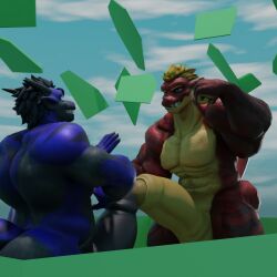 1:1 anthro ass balls big_balls big_butt big_penis black_penis blue_body dergdrister dragon drister_(dergdrister) duo flexing flexing_bicep flexing_both_biceps furry genitals huge_balls huge_cock hyper hyper_balls hyper_genitalia hyper_penis looking_at_another male male/male musclegut muscular mythological_creature mythological_scalie mythology penis red_body scalie size_difference sky slightly_chubby smile touching_tips tyler_(dergdrister) yellow_penis