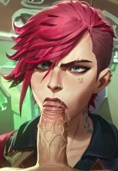 1boy 1girls 2d ai_generated angry angry_face arcane arcane_vi blowjob fakeshit female jacket league_of_legends light-skinned_female light-skinned_male looking_at_another male nose_piercing penis piercing riot_games saliva tattoo vi vi_(league_of_legends)