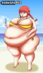 1girls 2024 artist_name bbw beach bikini braided_hair chainsaw_man color fat fat_thighs forksporks huge_belly huge_breasts looking_at_self looking_down makima_(chainsaw_man) popsicle red_hair tagme yellow_eyes