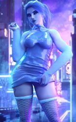 1girls 3d assassin blizzard_entertainment blue-skinned_female blue_hair blue_skin dress female female_only fishnet_stockings fishnets hoop_earrings overwatch ravelent solo solo_female stockings tattoo thick_thighs widowmaker