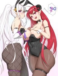 2girls absurdres animal_ears armpit_crease azur_lane black_bow black_bowtie black_gloves black_horns black_leotard black_pantyhose bow bowtie breast_press breasts cha_siu_bao condom covered_navel curled_horns detached_collar eagle_union_(azur_lane) fake_animal_ears fake_tail fishnet_pantyhose fishnets from_side gloves hands_on_own_chest high_ponytail highres hindenburg_(azur_lane) hindenburg_(delirious_duel)_(azur_lane) holding holding_condom horns huge_breasts interlocked_mars_and_venus_symbols iron_blood_(azur_lane) kearsarge_(all-night_charge)_(azur_lane) kearsarge_(azur_lane) leotard light-skinned_female light_skin long_hair looking_at_viewer mars_symbol multiple_girls official_alternate_costume open_mouth pantyhose pink_eyes playboy_bunny pointy_ears purple_eyes rabbit_ears rabbit_tail red_hair simple_background skindentation smile strapless strapless_leotard symmetrical_docking tail thigh_strap used_condom venus_symbol very_long_hair white_background white_hair white_leotard wrist_cuffs