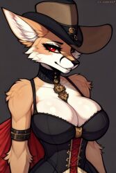 ai_generated anthro big_ass big_breasts clothed curvy curvy_figure female female_only fluffy fluffy_ears fox fox_ears fox_humanoid furry furry_only hat steampunk