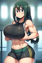 ai_generated gym looking_at_viewer muscular my_hero_academia shorts sports_bra tsuyu_asui