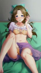 1girls blue_eyes bow_bra bow_in_hair bra breasts brown_hair dmm_games doukyuusei_another_world game_cg green_bow hand_in_panties holding_phone kakyuusei_2 long_hair masturbation medium_breasts midriff miniskirt navel orange_bra orange_panties panties phone purple_skirt shirai_yuuri shirt shirt_lift skirt talking_on_phone white_shirt