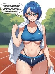 1girls ai_generated ass_visible_through_thighs big_breasts black_glasses blue_eyes blue_hair english english_text female female_focus female_only glasses holding holding_object holding_towel jorgecarlosai nature navel running running_track short_hair speech speech_bubble sports sports_bra sports_uniform sportswear sweat sweatdrop sweating sweaty sweaty_body sweaty_breasts text thighs thong toned toned_female towel track trees underboob watermark