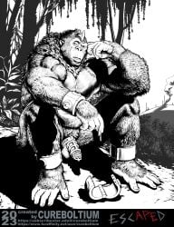 1_horn 2023 5_fingers 5_toes absurd_res anthro ape balls biped chastity_cage chastity_device cuff_(restraint) cureboltium detailed_background duo english_text feet fingernails fingers fur genitals gorilla hand_on_own_face haplorhine hi_res holding_key holding_object horn key looking_at_viewer male mammal monochrome muscular muscular_anthro muscular_male nails open_mouth outside penis plant primate restraints sitting sitting_on_ground smoke solo teeth text toenails toes tree url