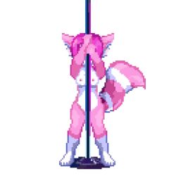 animated anthro big_ears big_tail canid canine dancing female fox genitals lewd_eden_games low_res mammal markings nipples nude pink_body pink_nipples pink_pussy pole pussy raccoon_dog solo striped_markings striped_tail stripes stripper stripper_pole symbell tail tail_markings tanuki teasing voyeur