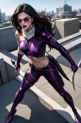 ai_generated archer bandisai black_hair bow female_only hawkeye kate_bishop marvel marvel_comics purple_clothes stable_diffusion sunglasses superheroine tinted_eyewear white_scarf young_avengers