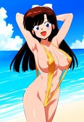 ai_generated beach blue_eyes brown_hair female hairbow large_breasts nipples novelai ranma_1/2 sling_bikini slingshot_swimsuit solo solo_female ukyo_kuonji