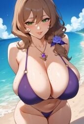 ai_generated big_breasts bikini bombacopta brown_hair busty flower_in_hair genshin_impact green_eyes huge_breasts lisa_(genshin_impact) massive_breasts milf necklace purple_bikini thick_thighs top_heavy