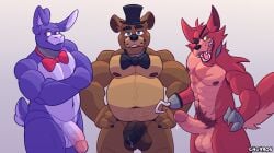 4_fingers absurd_res animatronic anthro balls bara biceps bodily_fluids bonnie_(fnaf) bow_tie canid canine churrosolixoso claws clothing countershading digital_media_(artwork) erection eye_patch eyewear fingers five_nights_at_freddy's fox foxy_(fnaf) freddy_(fnaf) fur genital_fluids genitals group hair hat headgear headwear hi_res hook humanoid_genitalia lagomorph leporid looking_at_viewer machine male male/male male_only mammal muscular muscular_anthro muscular_male nipple_piercing nipples nude open_mouth pecs penis piercing pirate rabbit robot scar scott_cawthon scottgames shaded simple_background smile top_hat trio ursid video_games