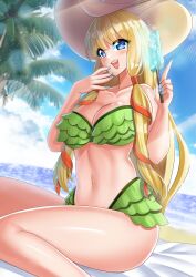 1girls :d bangs beach beach_towel bikini blonde_hair blue_eyes blue_sky blush breasts code_geass day food food_on_face green_bikini hair_ornament hair_ribbon hat ice_cream ice_cream_on_face katou_shinobu layered_bikini light-skinned_female light_skin liquid melting_popsicle monica_kruszewski nail_polish on_ground open_mouth outdoors ribbon seiza sitting sky smile solo swimsuit towel