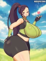 artist_name bare_shoulders black_gloves black_hair brown_eyes curvy dragon_quest dragon_quest_xi female fingerless_gloves hand_on_own_ass heart huge_ass huge_breasts jade_(dq11) matospectoru signature smile solo thick_thighs very_long_hair