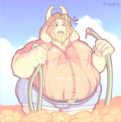 1boy 2024 anthro asgore_dreemurr belly belly_overhang bhm big_belly bulge deltarune fat fat_anthro fat_arms fat_belly fat_fetish fat_male fat_man fatfur flower furry goat goat_boy hose large_belly male_only moobs obese obese_anthro obese_male penis_bulge scallywagbooty shorts undertale undertale_(series) wet_shirt wide_hips