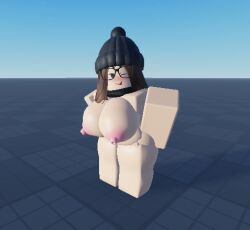 1girls 3d beanie_hat blush brown_hair female glasses hat huge_breasts nude original original_character outdoors roblox roblox_studio robloxian shy solo