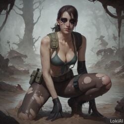 1girls ai_generated backpack bikini boots cleavage equipment facepaint female female_focus female_only gloves leggings lokiai metal_gear_solid ponytail provocative quiet_(metal_gear) seductive seductive_smile stable_diffusion swamp tactical_gear torn_clothes torn_clothing