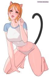 1girls brown_eyes busty cat_ears cat_tail catgirl female female_only half-dressed legs light-skinned_female light_skin nami one_piece orange_hair panties patreon_username pre-timeskip shoulder_tattoo t-shirt tattoo thighs tongue_out uukkaa