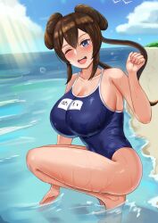 1girls beach blue_eyes blue_one-piece_swimsuit breasts brown_hair clouds double_bun hand_in_water impossible_clothes impossible_swimsuit in_water large_breasts looking_at_viewer nintendo ocean one-piece_swimsuit one_eye_closed painted_fingernails pleia_desu pokemon pokemon_bw2 rosa_(pokemon) school_swimsuit sky swimsuit twintails winking