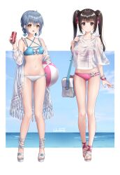 2girls beach_ball bikini bikini_under_clothes black_eyes black_hair blue_bikini blue_hair blue_swimsuit bracelet breasts duffel_bag hair_ribbon haneru haori_haruki himino_seika himitsu_no_jugyou looking_at_viewer medium_breasts midriff mismatched_bikini multiple_girls navel ocean off_shoulder painted_fingernails pink_bikini pink_swimsuit sandals see-through see-through_shirt shirt short_hair small_breasts soda_can swimsuit swimsuit_under_clothes twintails yellow_eyes