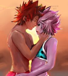 1boy 1boy1girl 1girls bikini black_sclera closed_eyes eijirou_kirishima face_to_face fanon_couple female forehead_to_forehead hand_on_face hands_on_face holding_face male male/female mina_ashido my_hero_academia pink_hair pink_skin red_hair romantic romantic_ambiance sensual shirtless spiky_hair straight summer sunset topless