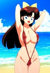 ai_generated beach blue_eyes brown_hair female hairbow large_breasts nipples novelai ranma_1/2 sling_bikini slingshot_swimsuit solo solo_female ukyo_kuonji