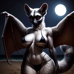 ai_generated bat bat_wings beach big_breasts bikini crepúsculo furry furry_female furry_only hibrid oc original_character raccoon raccoon_tail red_eyes thick_thighs