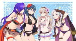 4girls absurdres alternate_costume bikini black_bikini black_hair black_swimsuit blue_eyes breasts brown_gloves byleth_(female)_(fire_emblem) byleth_(female)_(summer)_(fire_emblem) byleth_(fire_emblem) byleth_(fire_emblem)_(female) byleth_(summer)_(fire_emblem)_(female) cleavage corrin_(female)_(fire_emblem) corrin_(female)_(summer)_(fire_emblem) corrin_(fire_emblem) corrin_(fire_emblem)_(female) corrin_(summer)_(fire_emblem)_(female) female female_focus female_only fire_emblem fire_emblem:_three_houses fire_emblem_awakening fire_emblem_fates fire_emblem_heroes fire_emblem_warriors:_three_hopes flower flower_necklace frilled_bikini frills gloves grey_hair hair_bun hair_flower hair_ornament hair_over_one_eye highres hiyori_(rindou66) jewelry large_breasts leather leather_gloves lei long_coat long_hair looking_at_viewer medium_breasts multiple_girls navel necklace nintendo official_alternate_costume parted_lips purple_bikini purple_eyes purple_hair purple_swimsuit red_eyes robin_(female)_(summer)_(fire_emblem) robin_(fire_emblem) robin_(fire_emblem)_(female) shez_(female)_(fire_emblem) shez_(female)_(summer)_(fire_emblem) shez_(fire_emblem) stomach swimsuit teal_hair thigh_strap trait_connection twintails white_bikini white_hair white_swimsuit