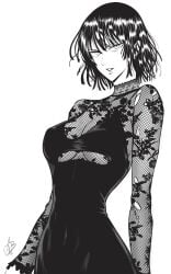 1girls big_breasts black_hair clothed clothing color female female_focus female_only fishnet_armwear fubuki_(one-punch_man) hi_res large_breasts light-skinned_female light_skin looking_at_viewer mostlybluewyatt nipples_visible_through_clothing one-punch_man short_hair solo solo_female tagme thick_thighs