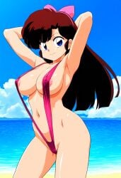 ai_generated beach blue_eyes brown_hair female hairbow large_breasts nipples novelai ranma_1/2 sling_bikini slingshot_swimsuit solo solo_female ukyo_kuonji