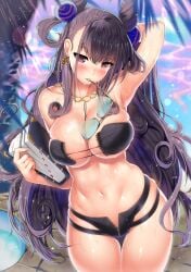 arm_behind_head arm_up armpits aviator_sunglasses bangs bare_shoulders bikini black_bikini black_hair blush book breasts cleavage cone_hair_bun curvy double_bun eyewear_removed fate/grand_order fate_(series) female hair_between_eyes hair_bun highres kawai_(purplrpouni) large_breasts long_hair looking_at_viewer mouth_hold murasaki_shikibu_(fate) murasaki_shikibu_(purple_eye)_(fate) navel purple_eyes skindentation smile solo stomach sunglasses swimsuit thighs two_side_up very_long_hair wet wide_hips