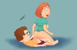 1boy1girl 1milf age_difference american_dad ass ass_grab blue_shirt breasts brown_hair cougar_milf crossover family_guy female large_ass licking_own_lips lois_griffin male milf milf_love_young_man no_pants nude orange_hair partially_clothed_sex penis sex slappyfrog steve_smith vaginal_penetration young_man_and_milf younger_penetrating_older