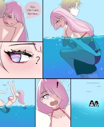 1boy 3girls breasts_out female male marima666_(artist) pink_hair underwater