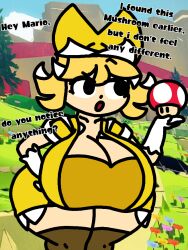 1girl 1girls background big_breasts blonde_hair cleavage clothed clothing crown cute dialogue english_text female female_focus female_only giant_breasts huge_breasts hyper_breasts hyper_thighs legokoopa_(artist) mario_(series) massive_breasts massive_thighs olivia_(paper_mario) outdoors paper_mario paper_mario:_the_origami_king solo solo_focus text thick_thighs