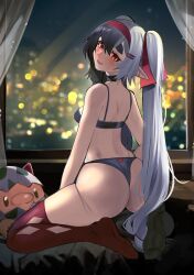 ass back_view bed big_ass big_butt black_and_white_hair black_bra black_hair black_panties blush bra bubble_butt choker city city_background cityscape dragon_girl indie_virtual_youtuber kumaartsu mythic_live nako_ryu panties pointy_ears red_eyes thighhighs thighs twintails underwear underwear_only virtual_youtuber vtuber white_hair window