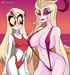 2024 2girls age_difference beach black_lipstick blonde_hair blush breast_envy charlie_morningstar_(hazbin_hotel) demon_girl demon_horns eyelashes grey_skin hazbin_hotel hourglass_figure large_breasts lilith_morningstar_(hazbin_hotel) long_hair milf mother_and_daughter mother_daughter_boob_envy_(meme) nipple_slip ocean older_female older_female_younger_female predaking29 red_eyes sand sling_bikini small_breasts succubus swimsuit vivienne_medrano white_skin younger_female