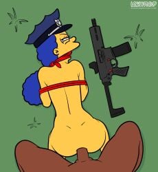 1boy 1girls 20th_century_fox 20th_century_studios anal anal_sex angry arms_tied artist_name blue_hair blue_hat dark-skinned_male dark_skin doggy_style duo eyelashes faceless_male female female_focus genitals grass gun hat human human_on_human interracial lockandlewd looking_at_viewer looking_back looking_back_at_viewer male male/female mammal marge_simpson mature mature_female mouth_covered nude nude_female nude_male penis penis_in_anus police_hat policewoman raped sex straight straight_sex the_simpsons unseen_male_face yellow_skin