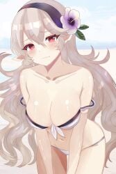 1girls alternate_costume bare_shoulders bikini black_hairband blush breasts cleavage corrin_(female)_(fire_emblem) corrin_(female)_(summer)_(fire_emblem) corrin_(fire_emblem) corrin_(fire_emblem)_(female) embarrassed female female_only fire_emblem fire_emblem_fates fire_emblem_heroes flower flower_in_hair front-tie_bikini_top front-tie_top hair_flower hair_ornament hairband highres large_breasts long_hair looking_at_viewer loose_bikini n_54 nintendo official_alternate_costume pointy_ears red_eyes solo swimsuit untied_bikini wardrobe_malfunction white_bikini white_hair white_swimsuit