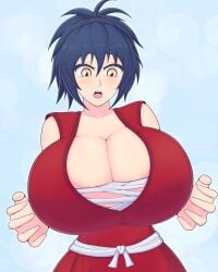 1girls 5_fingers artist_request bare_shoulders big_breasts blue_hair breasts clothed clothes clothing female female_only huge_breasts human human_only hyper_breasts large_breasts manyuu_chifusa manyuu_hikenchou solo solo_female yellow_eyes