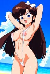 ai_generated beach blue_eyes brown_hair female hairbow large_breasts nipples novelai ranma_1/2 sling_bikini slingshot_swimsuit solo solo_female ukyo_kuonji