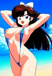 ai_generated beach blue_eyes breasts brown_hair female hairbow large_breasts nipples novelai ranma_1/2 sling_bikini slingshot_swimsuit solo solo_female ukyo_kuonji