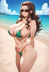 ai_generated arm_behind_back beach bikini bombacopta breasts brown-tinted_eyewear brown_hair cana_alberona fairy_tail green_bikini grin huge_breasts navel sunglasses thick_ass thick_thighs tinted_eyewear