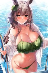 animal_ears bangs bare_shoulders bikini blush bow breasts brown_eyes brown_hair cleavage collarbone ear_ornament ear_ribbon female frilled_bikini green_bikini highres horse_ears horse_girl kawai_(purplrpouni) large_breasts long_hair long_sleeves looking_at_viewer navel off_shoulder open_clothes open_shirt pool pool_ladder poolside satono_diamond_(umamusume) shirt solo swimsuit umamusume water wet white_shirt