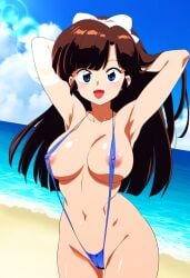 ai_generated beach blue_eyes brown_hair female hairbow large_breasts nipples novelai ranma_1/2 sling_bikini slingshot_swimsuit solo solo_female ukyo_kuonji