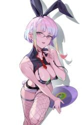 1girls big_breasts bunny_ears bunny_girl bunny_tail busty cleavage cyberpunk:_edgerunners female female_only fishnet_stockings fishnets fully_clothed glasses legs light-skinned_female light_skin lucyna_kushinada multicolored_hair mumei_(artist) pierced_ears revealing_clothes stockings thighs