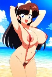 1girls ai_generated beach blue_eyes brown_hair female hairbow large_breasts nipples novelai pubes pubic_hair ranma_1/2 sling_bikini slingshot_swimsuit solo solo_female ukyo_kuonji