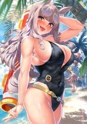 bangs bare_shoulders beach black_one-piece_swimsuit blue_sky blunt_bangs blush breasts cleavage covered_navel eyewear_on_head female gold_ship_(run_revolt_launcher)_(umamusume) gold_ship_(umamusume) grey_hair highleg highleg_swimsuit highres horse_girl kawai_(purplrpouni) large_breasts long_hair looking_at_viewer one-piece_swimsuit open_mouth palm_tree purple_eyes shore sideboob sidelocks sky smile solo sunglasses super_smashing_summer_vacation_(umamusume) swimsuit thighs tongue tongue_out tree umamusume wet