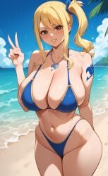 ai_generated beach bikini blonde_hair blue_bikini blue_ribbon bombacopta brown_eyes fairy_tail huge_breasts lucy_heartfilia necklace peace_sign ribbon side_ponytail smile tattoo thick_thighs