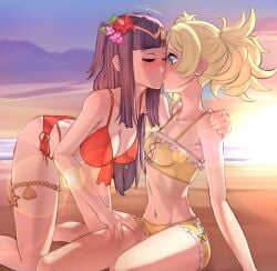 2girls alternate_costume beach bikini black_hair blonde_female blonde_hair breasts cleavage closed_eyes crazzeffect fire_emblem fire_emblem_awakening fire_emblem_heroes hand_on_shoulder kissing kuraza lissa_(fire_emblem) long_hair looking_at_partner more_at_source nintendo official_alternate_costume princess red_bikini red_swimsuit royalty small_breasts tharja_(fire_emblem) thighs twintails yellow_bikini yellow_swimsuit yuri