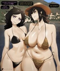 2girls :3 ashley_graves bikini black_hair breast_envy breast_size_difference breasts cathriellrue dialogue english_text female green_eyes huge_breasts leopard_print leopard_print_bikini long_hair midriff milf mother_(the_coffin_of_andy_and_leyley) mother_and_daughter mother_daughter_boob_envy_(meme) naughty_face purple_eyes renee_graves shiny_skin slightly_chubby small_breasts stomach the_coffin_of_andy_and_leyley thick_thighs thighs thighs_together wide_hips